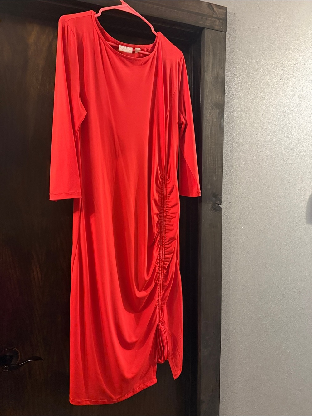 New York & Company Red Long-Sleeve Ruched Midi Dress